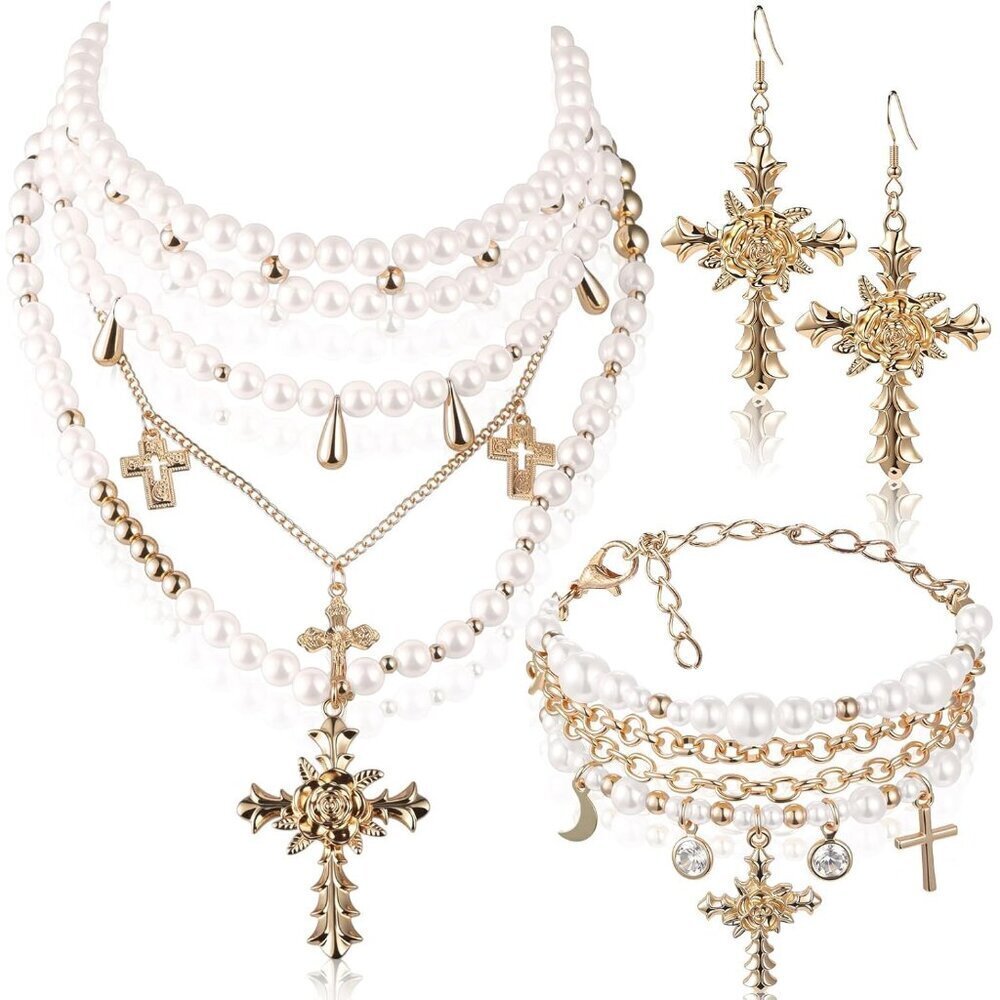 Gothic Jewelry Set Women Faux Pearl Cross Necklace Bracelet Earrings